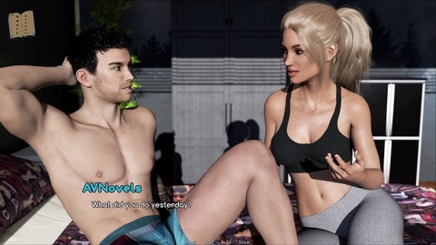 Una bionda sexy con un grande sedere e enormi tette gioca a un gioco di romanzo visivo